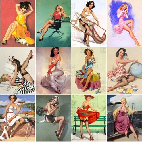 5D Diy Vintage Sexy Pin Up Girl Poster Full Drill Embroidery Diamond Painting Woman Portrait Mosaic Cross Stitch Kits Home Decor