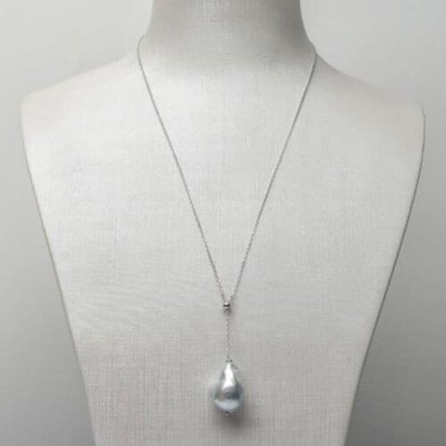 925 Sterling Silver Big South Sea Cultured Silver Pearl Long Necklace Adjustable