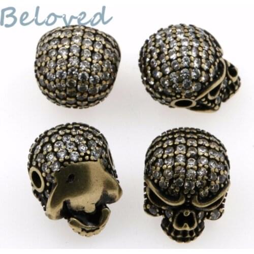 Micro Paved Zirconia Head Skull Metal Charms Beads, Clear Cubic CZ Skeleton Mens Paracord Bracelet Making Spacer Beads BG18207