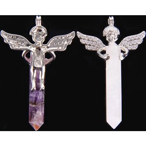 Men & Women Love Gift Natural Crystal Gem Stone Long Sword Hexagonal Prism Cupid Angel Wings Pendants for Necklaces D101A