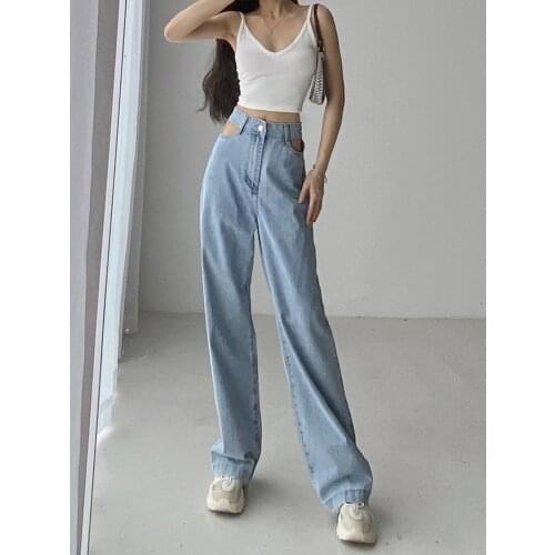 Summer new style street casual solid color straight wide leg jeans for women high-waisted slim long cut-out waist jeans for Ms