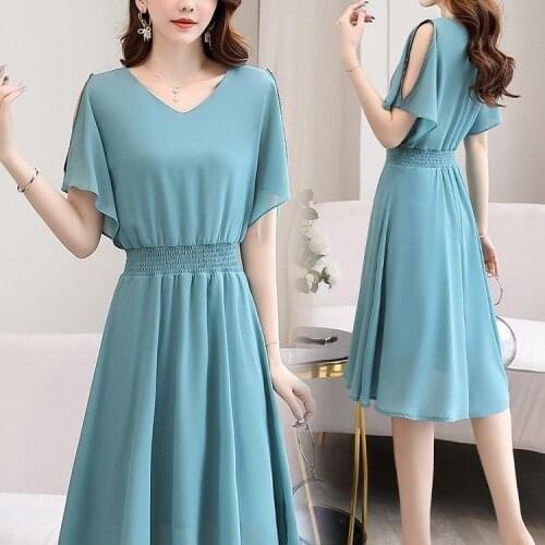 Temperament Chiffton Summer Waist Thin Short V-neck A-line Solid Color Simple Red White Black Blue Holiday Cocktail Dresses 9337