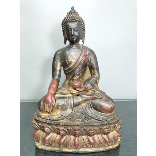 13"Chinese temple collection Old Bronze Cinnabar Lacquer Sakyamuni Amitabha Sitting Buddha Ornaments Town House