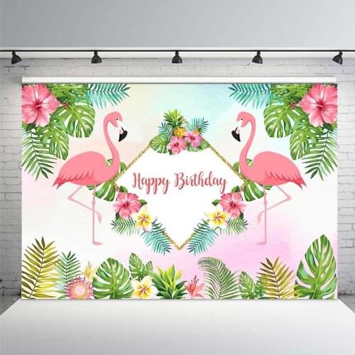 Mehofoto Flamingo Celebration Birthday Photo Background Summer Hawaiian Vacation Style Backdrop Flowers Pineapple Leaves Golden