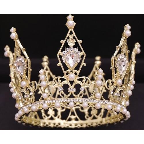 Trendy Golden Round Baroque Rhinestone Crystal Headdress Wedding Hair Accessories Queen Crown Bridal Tiara Jewelry Accessories
