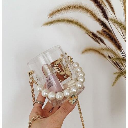2021 New Woman Bag Cylindrical Transparent Pearl Buckle Mini Bag Messenger Bag Fashionable Universal Female Bag