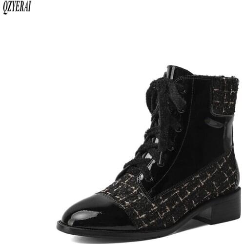 QZYERAI Autumn winter Genuine leather Female boots fashion Womens boots plaid Head layer cowhide Womens shoes Size 34-43