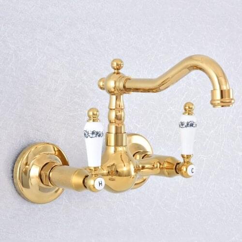 Luxury Gold Kitchen Faucet Wall Mounted Basin Mixer Tap Hot And Cold Water Mixer Tap Double Holes Kitchen Sink Mixer Tap