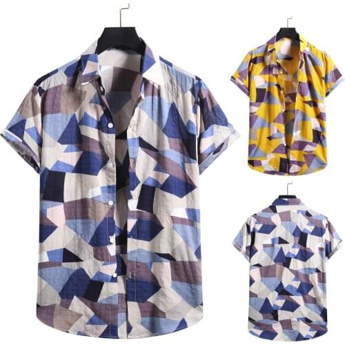 Summer Vintage Cotton Linen Shirts For Men Print Short Sleeve Button Shirt Blouse Top Slim Fit Dress Blusas Masculinas Moda