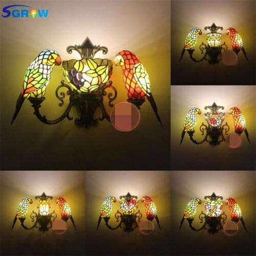 SGROW Glass Lampshade Parrot Lights for Stair Aisle Corridor Tiffany Wall Lamp Lighting Fixtures Bedroom Bedside Wall Sconces