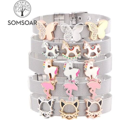 Somsoar Jewelry Lovely Animail Slide Charm Bracelet Stainless Steel Mesh Bracelet Bangle with silvering/gold/rose gold charm diy
