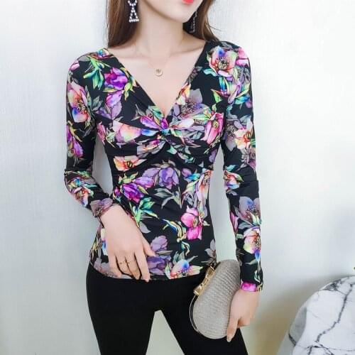 Sexy Plus Size Floral Print Bottoming T-shirt Women 2021 New Spring Autumn Long Sleeve Slim Fit Club T Shirt Dance Top
