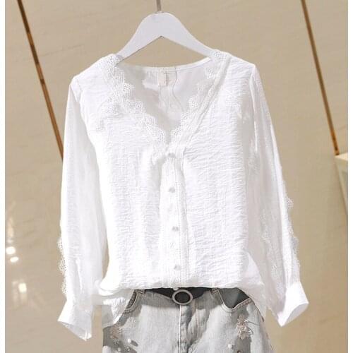 Lace Patchwork Chiffon Women White Shirts Summer New Design 2021 V-Neck Long-Sleeved Solid Elegant Office Lady Shirts Outwear