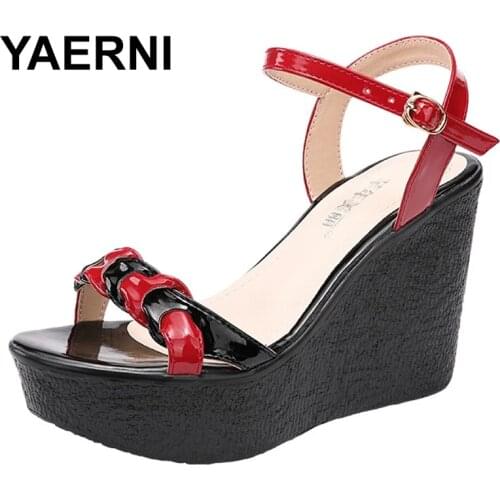 YAERNI Fashion Patchwork Peep Toe Woman Shoe Summer 2021platform WomenS Leather Sandals Ladies Wedge Heel Sandals Female Shoes