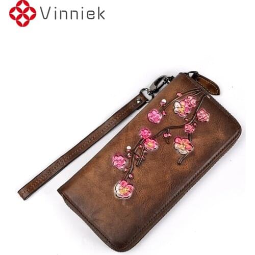 Womens Leather Wallet Retro Frosted Embossed Plum Long Purses European and American Zipper Female Clutch Lady Coin Card Holders