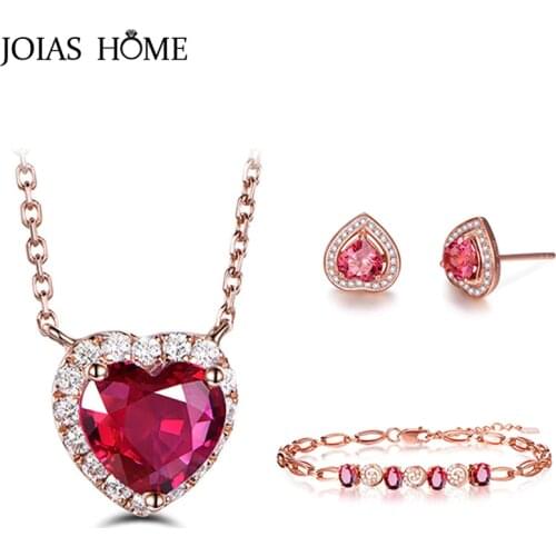 JoiasHome 925 Sterling Silver Women Jewelry Sets Ruby Heart Ring Necklace Bracelets Women Party Engagement Jewelry Wholesale
