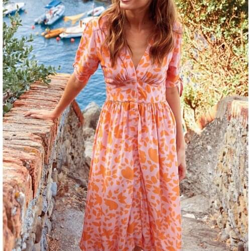 Future Time 2020 New Fashion V-Neck Five Quarter Sleeve Lace Up Single Breasted Printed Dress SP594