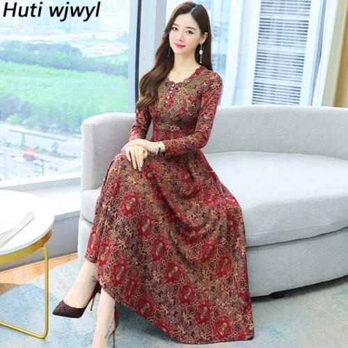 2021 New Elegant Party Evening Maxi Dress Women Autumn Winter Vintage Print Long Sleeve Dress Women Bodycon Casual Midi Vestidos