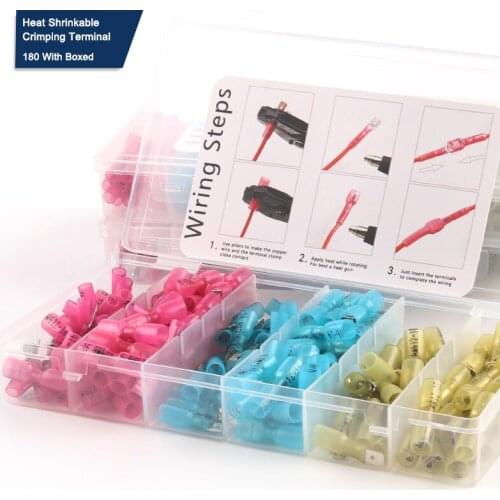 Boxed 180PCS Insulated Waterproof Heat Shrink Cable Connectors Electrical Female Male Wire Terminals Butt Crimp Terminal Kit
