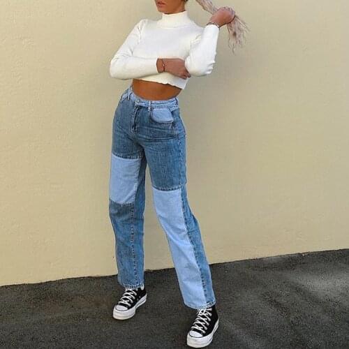 2020 Y2K Patchwork Casual Blue Straight Jeans Long Women Slim Elegant High Waist Denim Pants Ladies Autumn