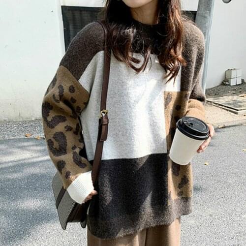 2020 Winter Leopard Print Sweaters Oversized Pullovers Vintage Loose Sweater Women Korean Soft Autumn Womens Knitted Sweater