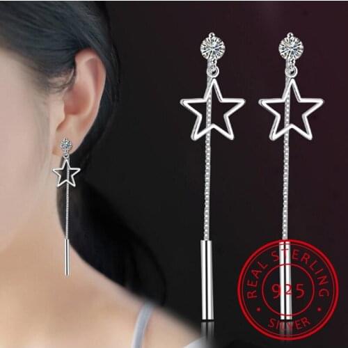 925 Sterling Silver Earrings For Women Zirconia Star Long Tassel Earrings Ear Chain oorbellen boucles d'oreilles S-E444