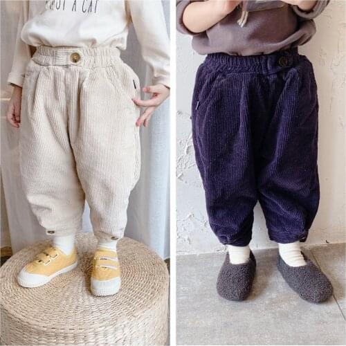 Children Baby Boys Girls Harlan Pants Winter Spring Warm Toddler Thicken Plus Velvet Kids Pocket Corduroy Beige High Quality