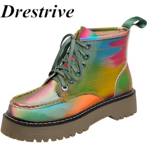 Drestrive Womens Ankle Boots Lace Up Cow Leather Platform Non Slip Mixed Colors 2020 Fashion Autumn Shoes Patent Leather