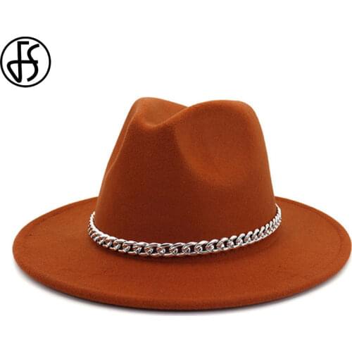 FS Women Fedora Wool Hat Autumn Winter Gentleman Triby Felt Hats For Men Fashion Royal Blue Yellow Jazz Hats With Chain