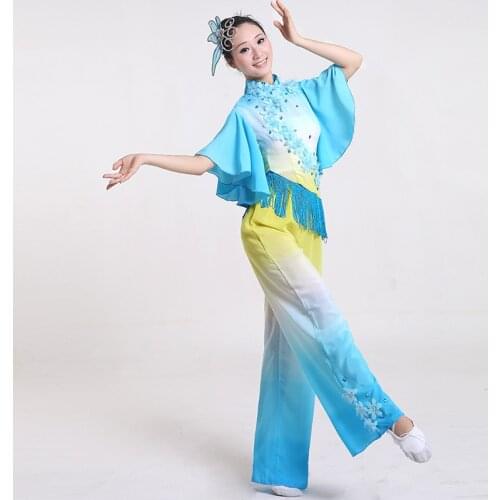 Blue Women Chinese Waist Drum Dance Costume Tassel Female National Fan Dance Costume Chinese Classic Folk Dance Clothing 89