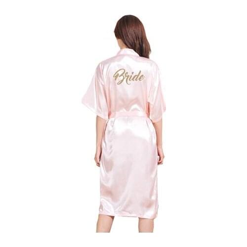 Gold Stamp 'Bride' Silk Satin Long Bride Robes Half Sleeve Kimono Night Robe Solid Bathrobe Fashion Dressing Gown For Women