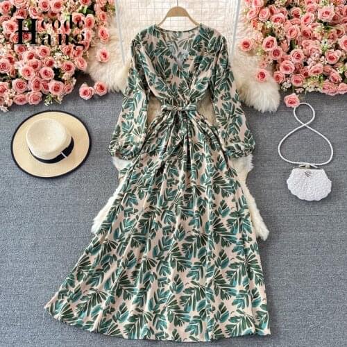 HangCode Women Vintage Leaf Floral Print Bow Sashes Long Dress Autumn Elegant Long Sleeve Big Swing Maxi Dress Robe Vestidos
