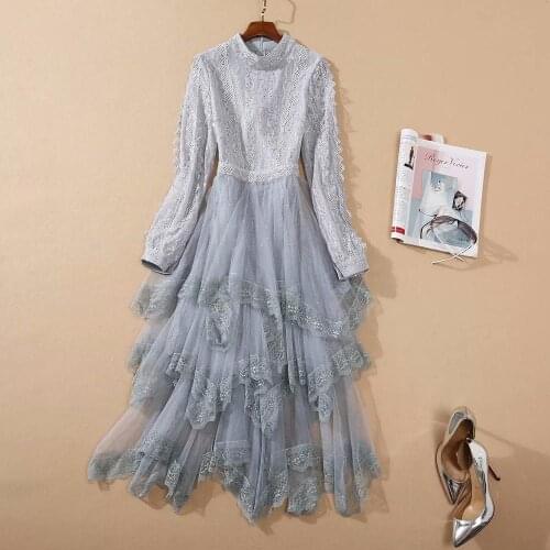 And American womens European clothing 2021 winter new style Long sleeve collar Lace patchwork irregular mesh sparkles dress