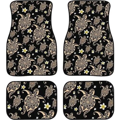 4-Piece Mandala Flower Sea Turtle Animal Print Car Floor Mat Full Set All Weather Season Rubber Floor Mat Car Interior Decoratio