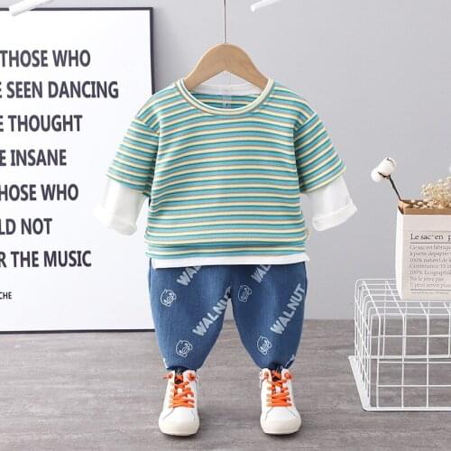 Spring Autumn Baby Boys Clothing Sets 2021 New Fashion Kids Striped Patchwork T-shirt+Denim Pants Toddler Girls Clothes Outfits
