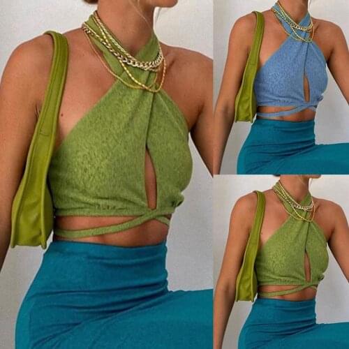 Summer Hot Sexy Women Vest Solid Color Backless Camisole Bandage Hollow Out Cropped Halter Vest Blouse for Nightclub