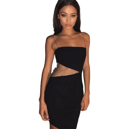 New Black Dress Women Spaghetti Straps Hollow Out Mesh Shinny Evening Party Elegant Bodycon Mini Dress Vintage Vestios Bandagem