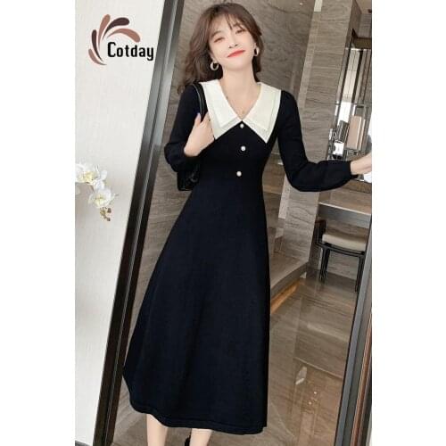 Cotday Peter Pan Collar Hepburn Style Sweet Button Dress New Women Autumn Winter Knitted Elegant Slim Thin Woman Dress
