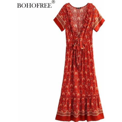 Red Printed Rayon Cotton Retro Dress Vacation Womens Clothing Short-sleeved V-neck Lace-up Splicing Dress Woman Vestido