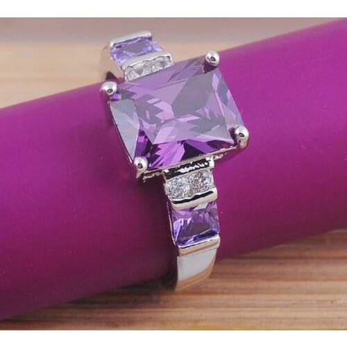 Luxury Women Princess Cut Purple Zircon Rings for Wedding Engagement Promise Bridal Set Jewelry