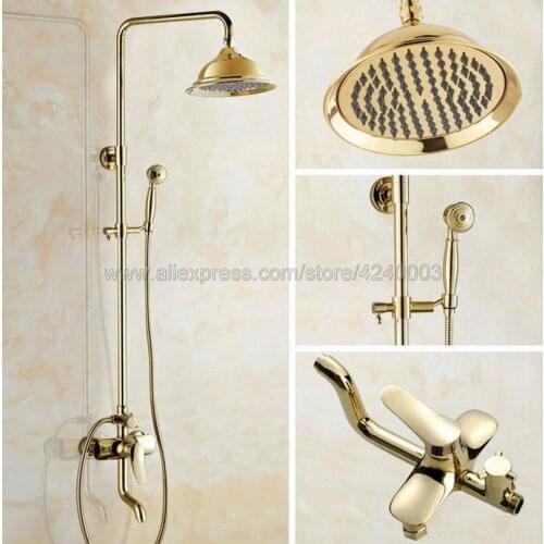 Golden Finish Bathroom Shower Faucet Single Handle Swivel Spout Tub Mixer Tap with Hand Shower Wall Mounted Kgf303