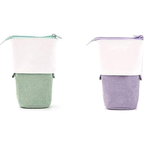ANGOO 2PCS Vertical Transformer Bag Storage Bag, Pencil Case, Retractable Drop Down Pen Holder Student, Green & Purple