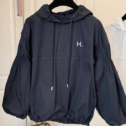 2021 Spring And Summer Loose Casual Bubble Sleeve Embroidery Letter Hooded Long Sleeve Sportswear Simple Top