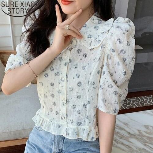 Vintage Sweet Floral Print Blouse Ruffle Tops Peter Pan Collar 2021 New Summer Casual Clothes Elegance Lace Shirts Blusas 14792