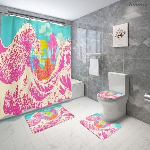 Japanese Style Waterproof Shower Curtain With Hooks Sea Wave Landscape Painting Floor Mat U Shape Mat Toilet Lid Cover Luxury