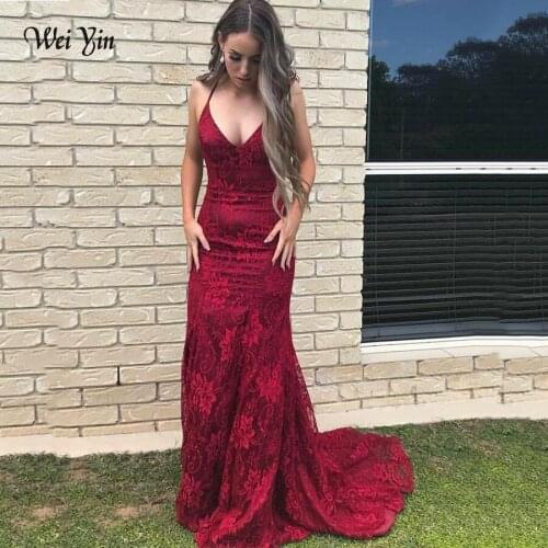 Weiyin AE0551 Elegant V-Neckline Burgundy Mermaid Evening Dress Vestidos De Fiesta Largos De Gala Lace Long Prom Dresses