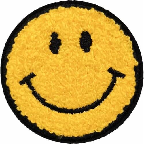 Yellow Smiley Face Chenille Patches Embroidered Iron on DIY for Clothing Appliques Hats Overcoat High Quality Custom Logo Badges
