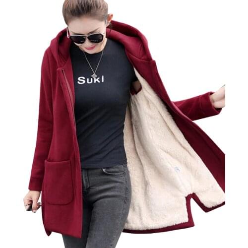 2019 Autumn Winter Womens Fleece Jacket Coats Female Long Hooded Coats Outerwear Warm Thick Female Red Slim Fit Hoodies Jackets