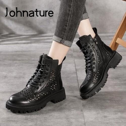 Johnature Retro Women Sandals Genuine Leather Platform Shoes Zip Handmade Concise Lace-Up Hollow Leisure 2021 New Ladies Sandals