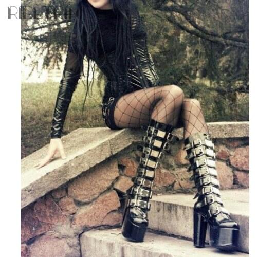 RIBETRINI goth girls platform high heels zipper buckle platform women boots fashion punk cool brand designer casual autumn shoes